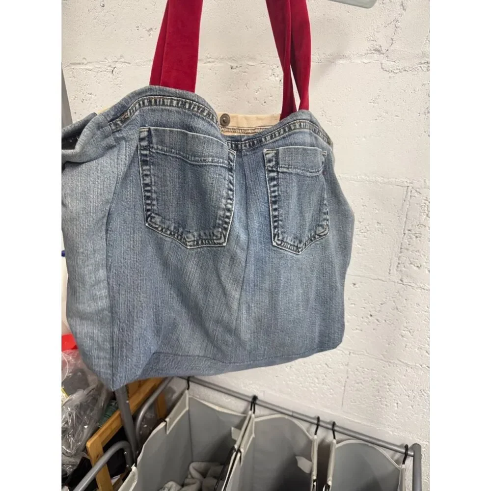 Gucci Upcycled Canvas Tote Red Straps Green Tennis Graphic - Denim Pockets
